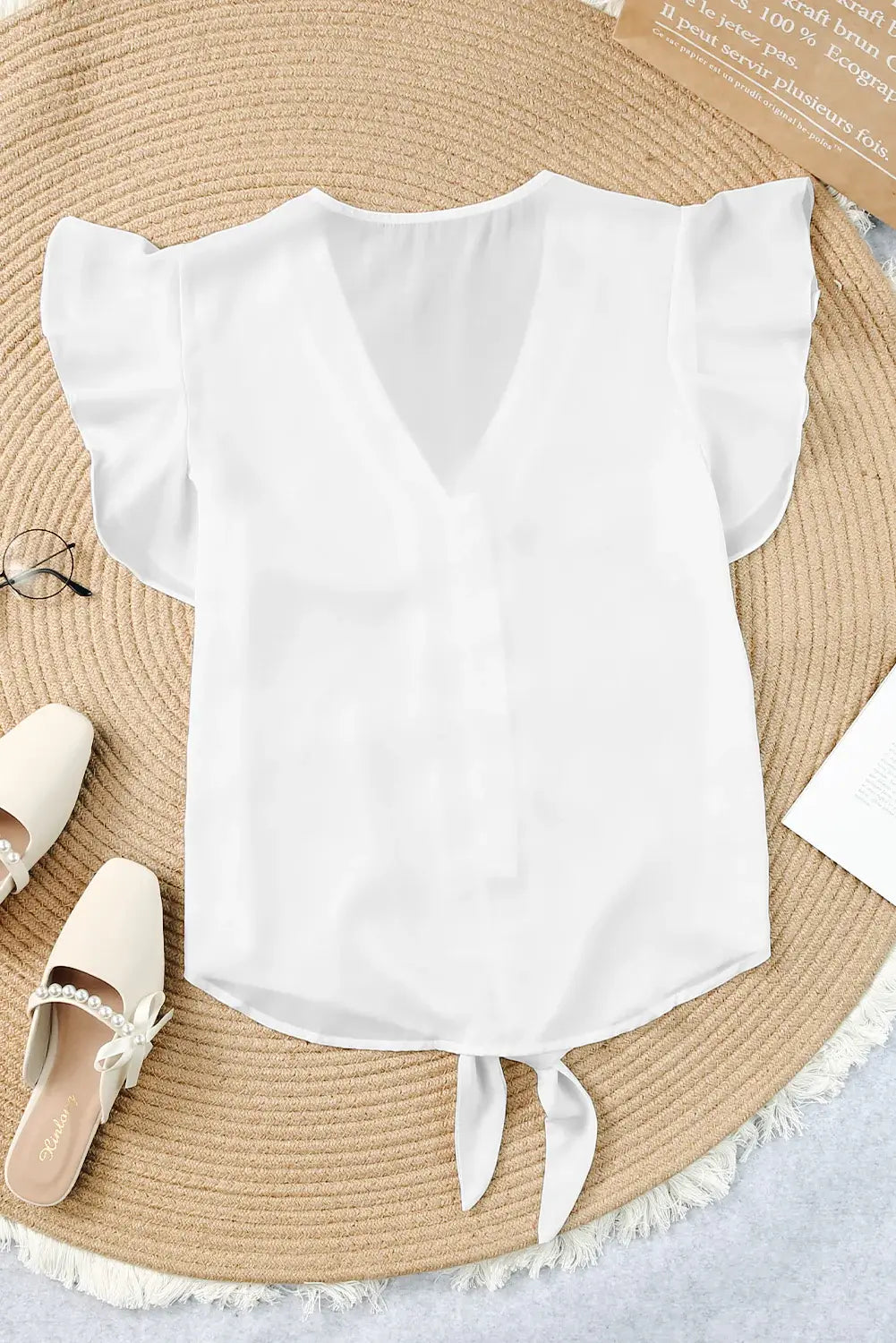 V-Neck Tie Hem Flutter Sleeve Blouse - Trendsi - Flyclothing LLC