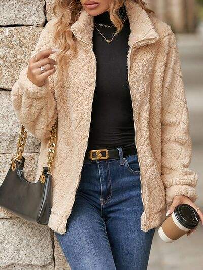 Fuzzy Pocketed Zip Up Jacket - Trendsi - Flyclothing LLC