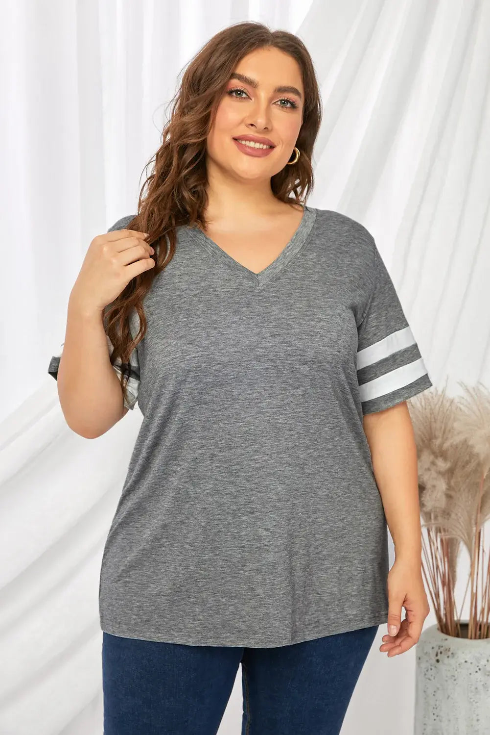Plus Size Striped V-Neck Tee Shirt - Trendsi - Flyclothing LLC