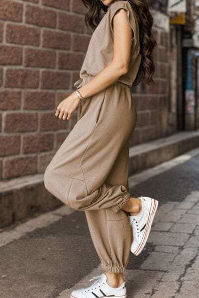 Drawstring Round Neck Cap Sleeve Jumpsuit - Trendsi - Flyclothing LLC