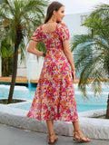 Floral Square Neck Short Sleeve Midi Dress - Trendsi