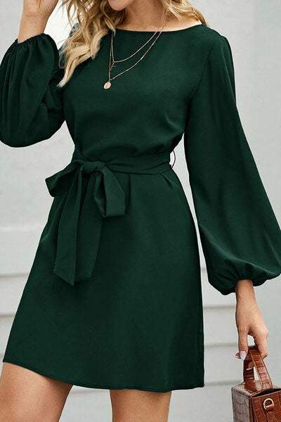 Tied Boat Neck Balloon Sleeve Mini Dress - Trendsi - Flyclothing LLC