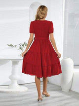 Smocked Tie Front Short Sleeve Tiered Dress - Trendsi - Flyclothing LLC