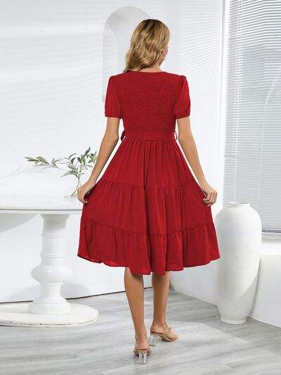 Smocked Tie Front Short Sleeve Tiered Dress - Trendsi - Flyclothing LLC