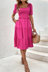 Square Neck Puff Sleeve Cutout Dress - Trendsi - Flyclothing LLC