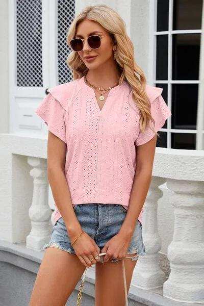 Eyelet Notched Short Sleeve T-Shirt - Trendsi - Flyclothing LLC