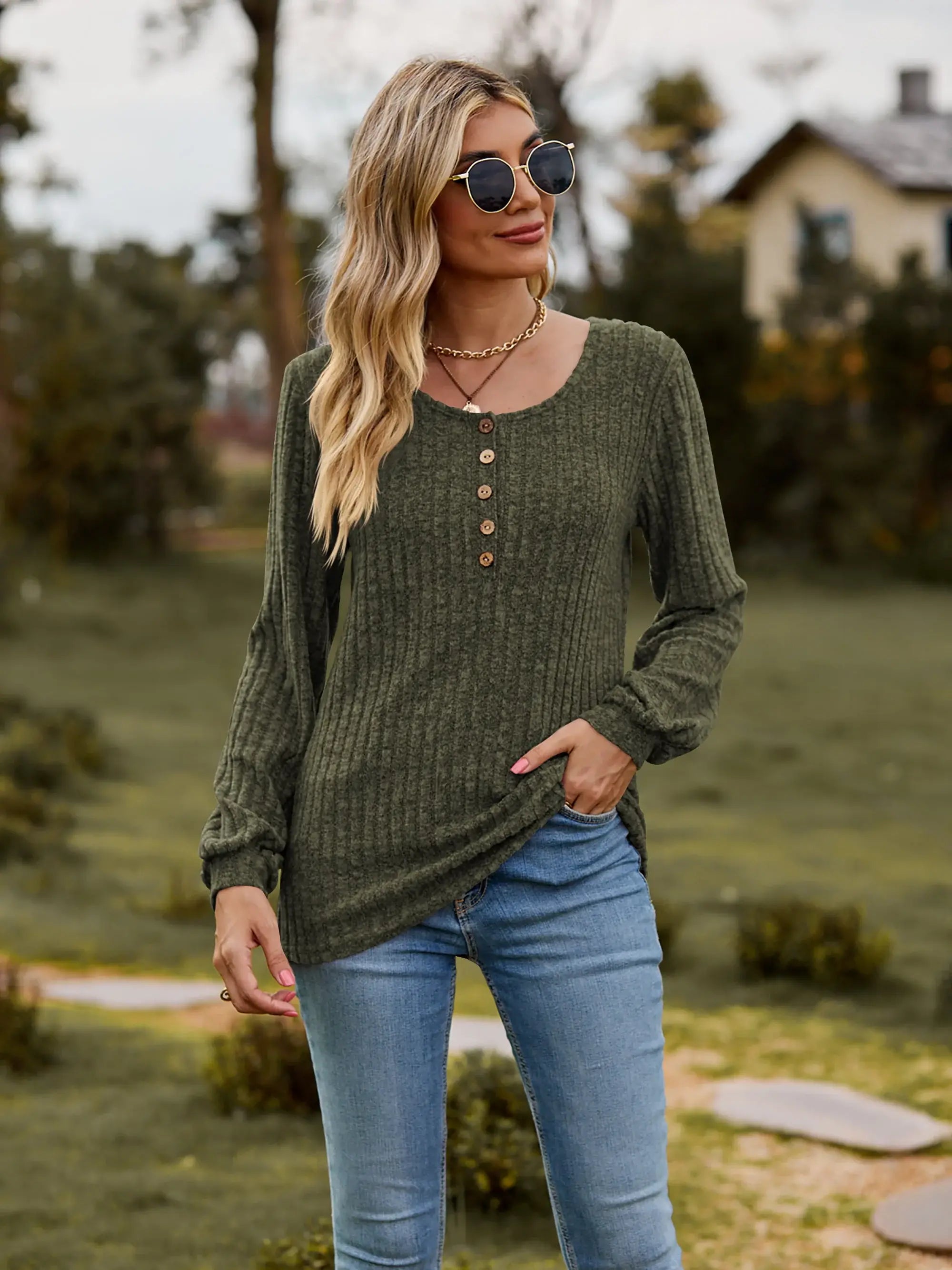 Round Neck Button-Down Long Sleeve Tee - Trendsi - Flyclothing LLC