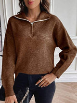 Half Zip Dropped Shoulder Sweater - Trendsi - Flyclothing LLC