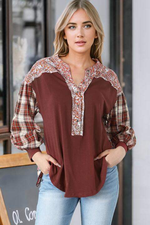 Plaid Notched Neck Slit Blouse - Trendsi - Flyclothing LLC