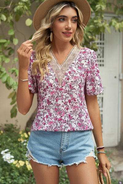 Floral V-Neck Short Sleeve T-Shirt - Trendsi - Flyclothing LLC