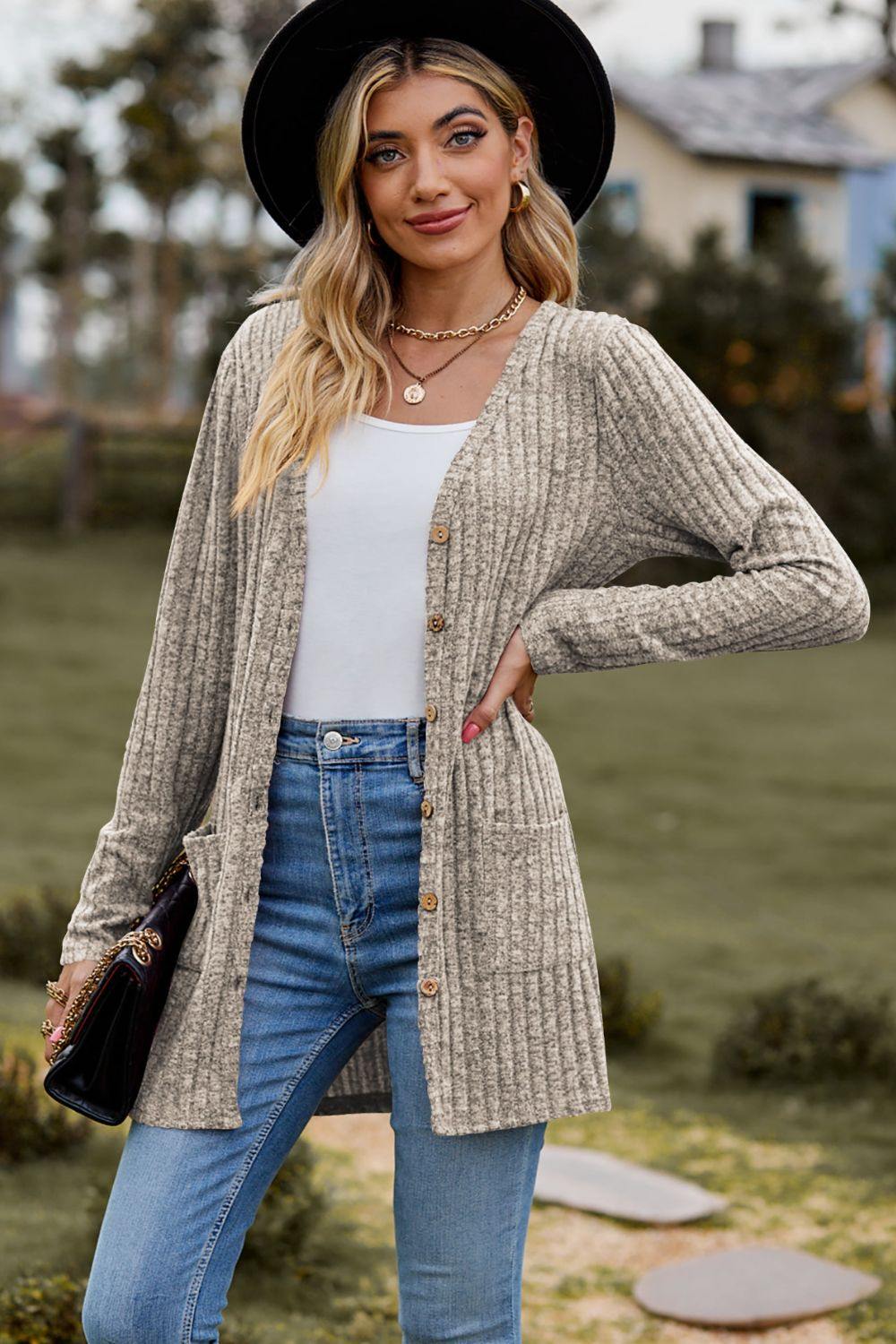 Ribbed Button-UP Caradigan with Pockets - Trendsi