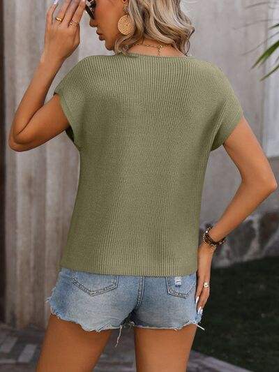Pocketed Round Neck Cap Sleeve Sweater - Trendsi - Flyclothing LLC