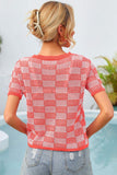 Checkered Short Sleeve Knit Top - Trendsi