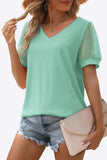 Swiss Dot Puff Sleeve V-Neck Tee - Trendsi - Flyclothing LLC