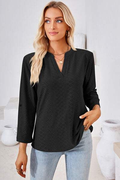 Notched Roll-Tab Sleeve T-Shirt - Trendsi - Flyclothing LLC