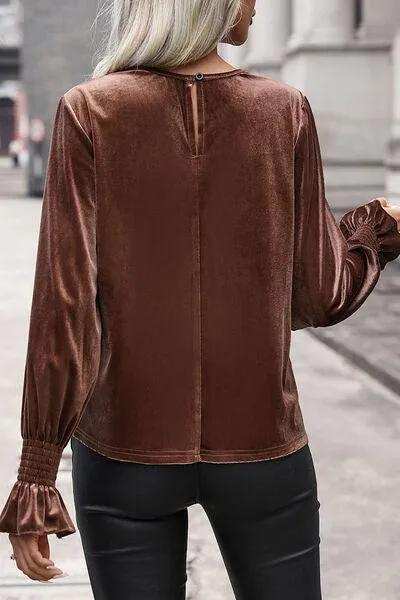 Lace Detail Round Neck Smocked Flounce Sleeve Blouse - Trendsi - Flyclothing LLC