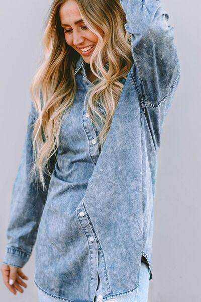 Button Up Dropped Shoulder Denim Top - Trendsi - Flyclothing LLC