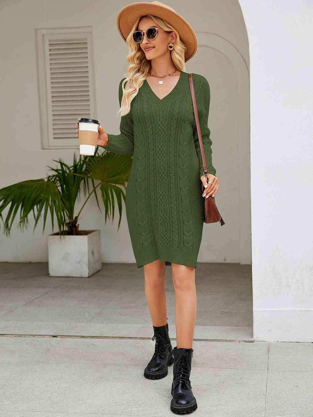 Cable-Knit V-Neck Mini Sweater Dress - Trendsi - Flyclothing LLC