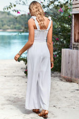 Frill Trim Tie Shoulder Wide Leg Jumpsuit with Pockets - Trendsi - Flyclothing LLC