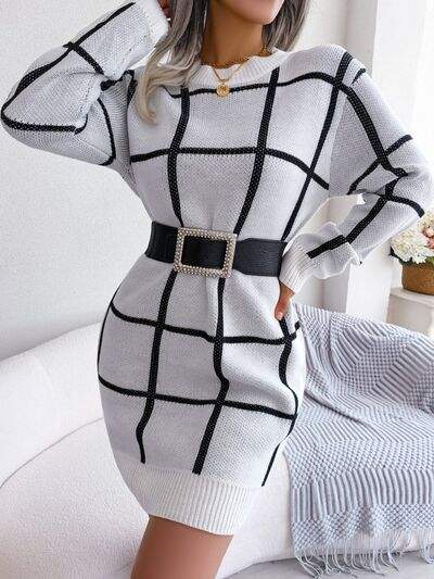 Plaid Round Neck Dropped Shoulder Sweater Dress - Trendsi - Flyclothing LLC