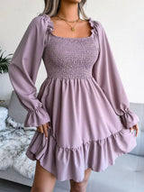 Smocked Flounce Sleeve Square Neck Dress - Trendsi - Flyclothing LLC