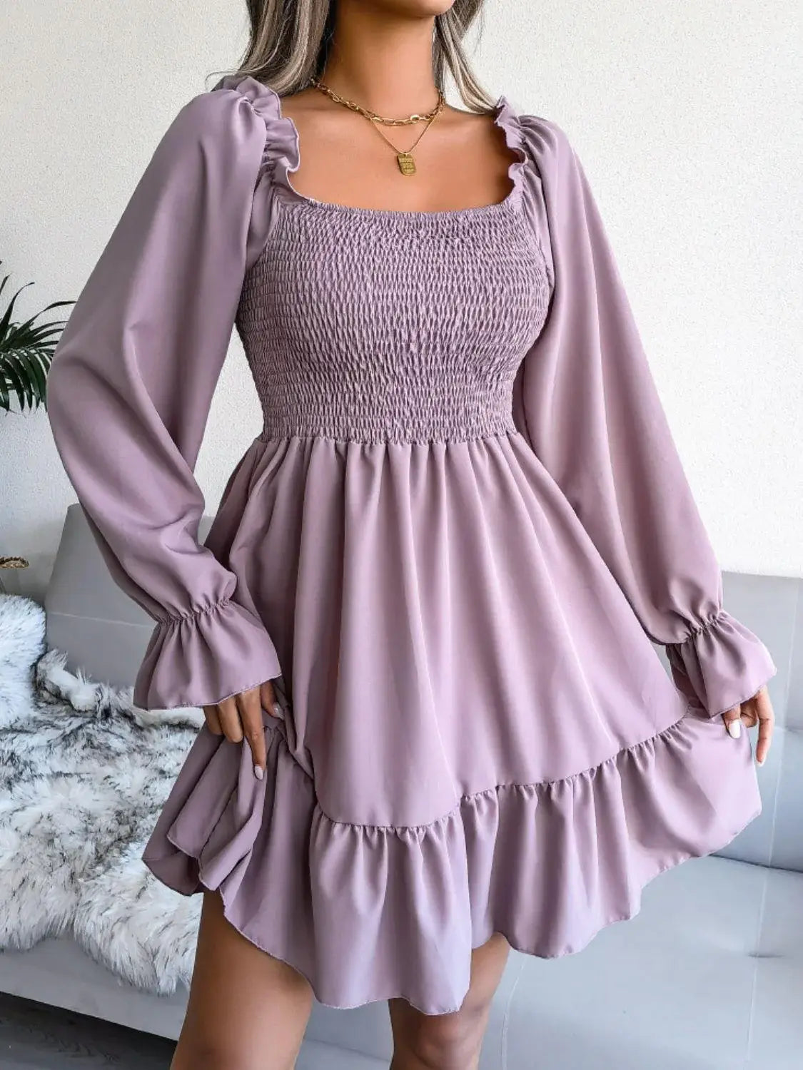 Smocked Flounce Sleeve Square Neck Dress - Trendsi - Flyclothing LLC