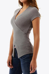 Ribbed Surplice Neck Slit Top - Trendsi - Flyclothing LLC