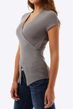 Ribbed Surplice Neck Slit Top - Trendsi - Flyclothing LLC