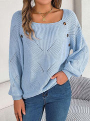 Openwork Buttoned Square Neck Sweater - Trendsi