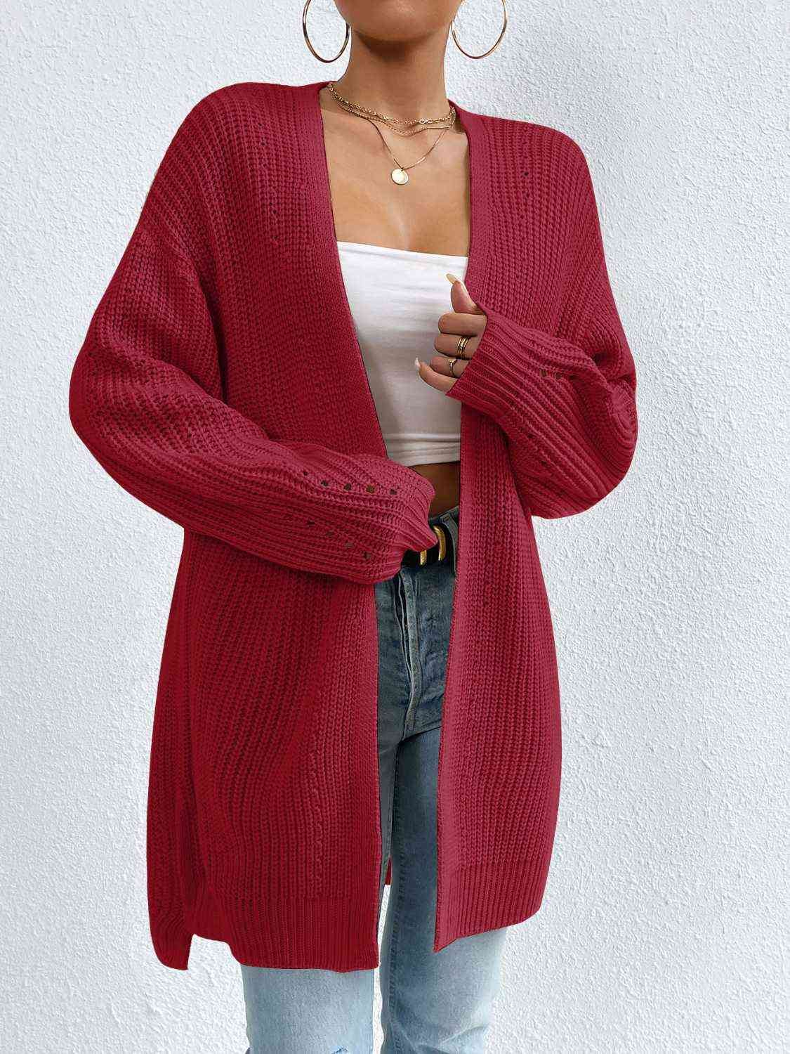 Open Front Dropped Shoulder Slit Cardigan - Trendsi - Flyclothing LLC