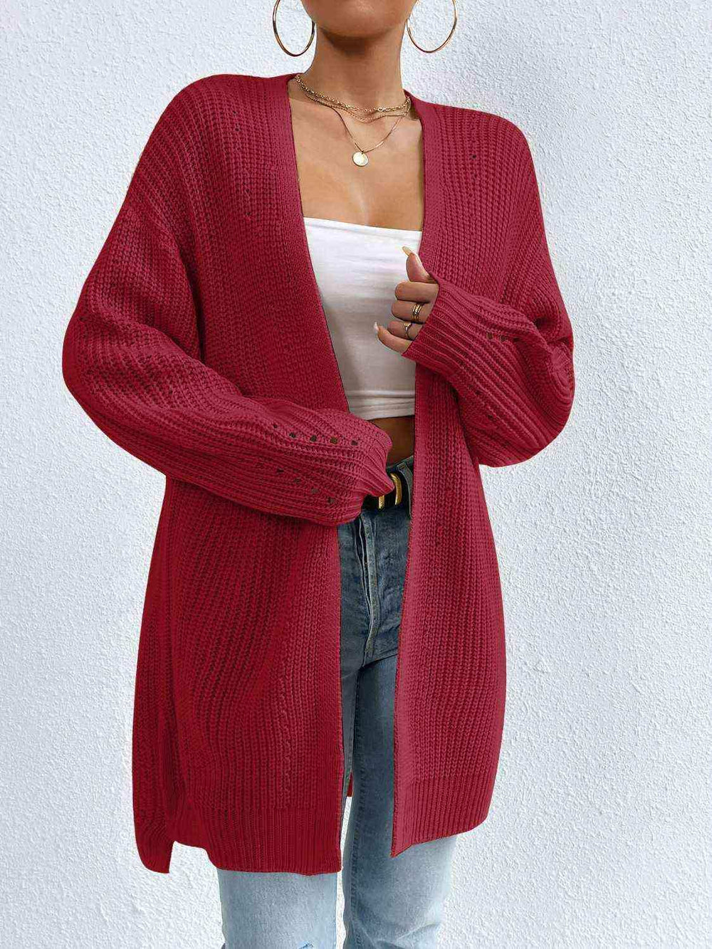 Open Front Dropped Shoulder Slit Cardigan - Trendsi - Flyclothing LLC