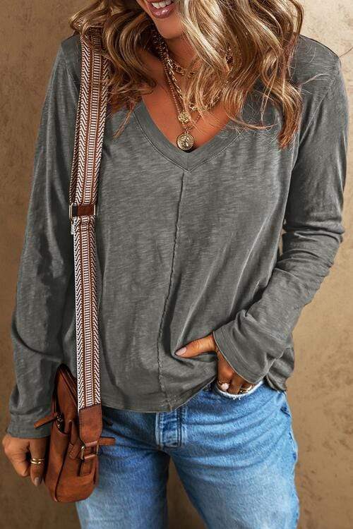 Exposed Seam V-Neck Long Sleeve T-Shirt - Trendsi - Flyclothing LLC