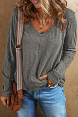 Exposed Seam V-Neck Long Sleeve T-Shirt - Trendsi - Flyclothing LLC