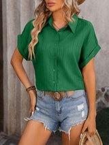 Textured Button Up Cap Sleeve Shirt - Trendsi - Flyclothing LLC
