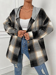Plaid Drawstring Hooded Jacket - Trendsi