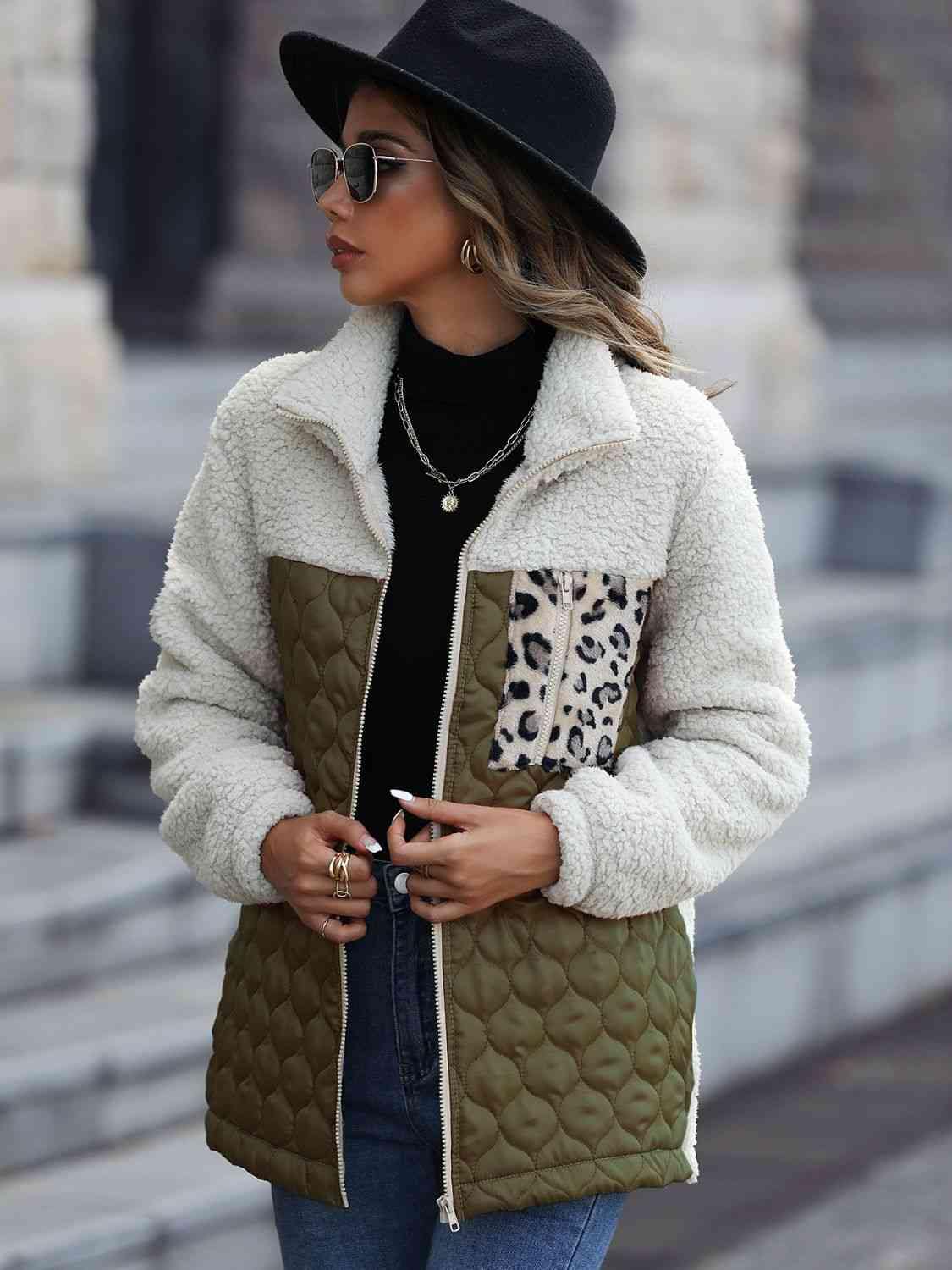 Leopard Color Block Zip-Up Jacket - Trendsi