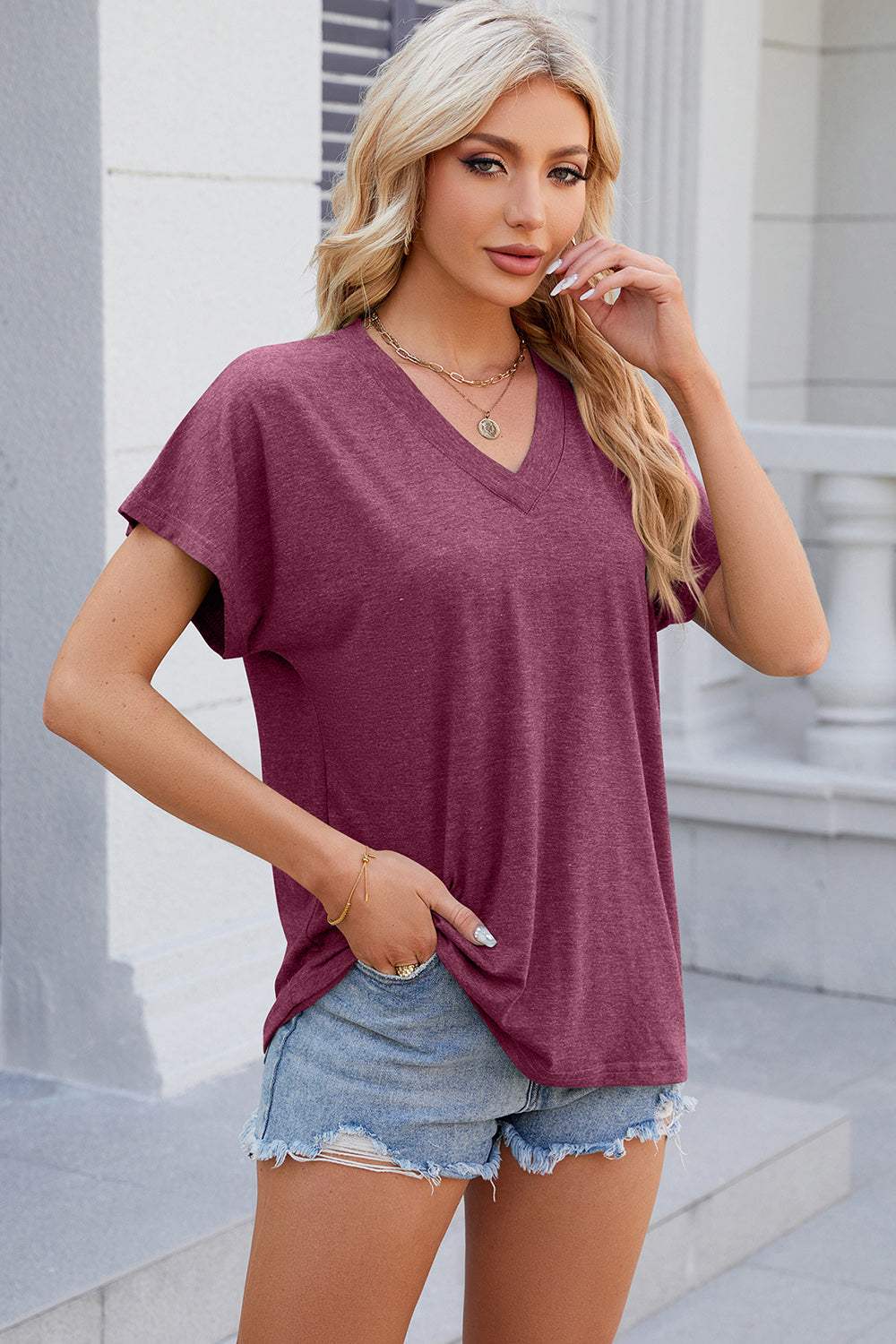 V-Neck Short Sleeve T-Shirt - Trendsi - Flyclothing LLC