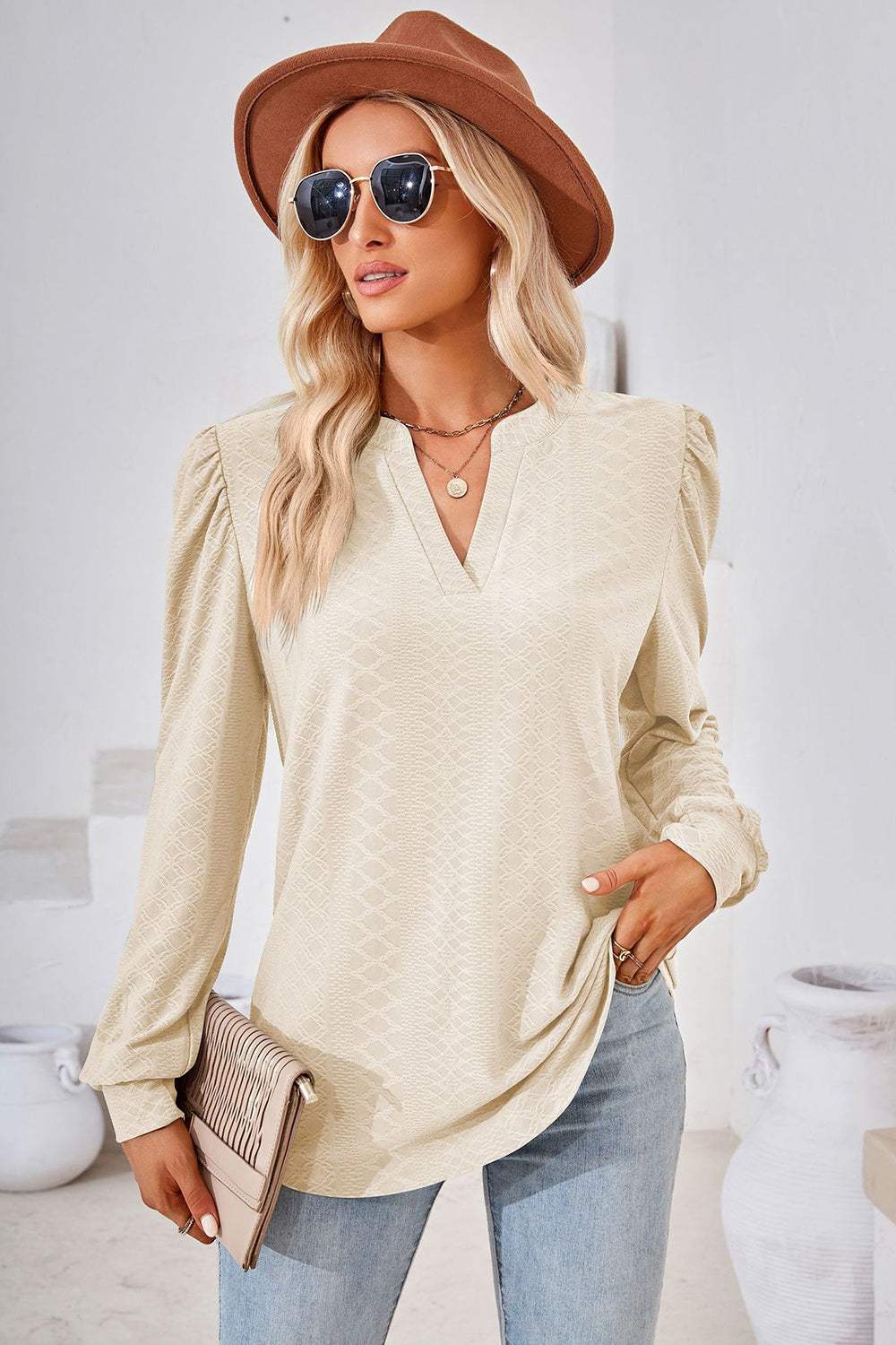 Notched Long Sleeve T-Shirt - Trendsi - Flyclothing LLC
