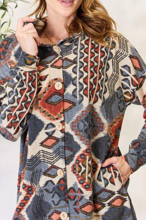 Heimish Full Size Printed Button Up Hooded Jacket - Trendsi - Flyclothing LLC