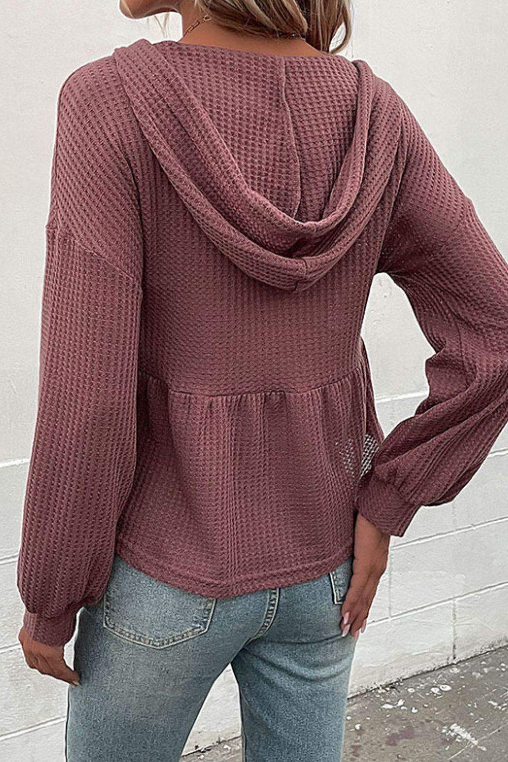 Waffle-Knit Buttoned Drop Shoulder Hoodie - Trendsi - Flyclothing LLC