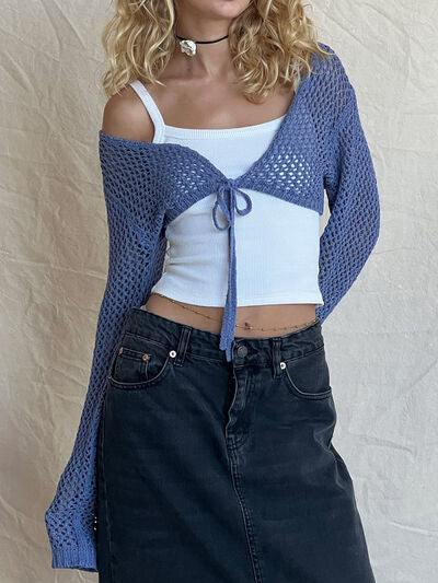 Openwork Tied Dropped Shoulder Cardigan - Trendsi