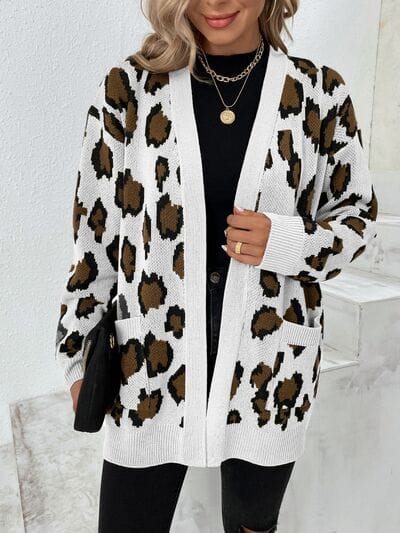 Leopard Open Front Dropped Shoulder Cardigan - Trendsi