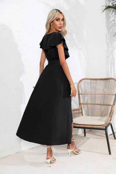 Ruffled Tied V-Neck Midi Dress - Trendsi