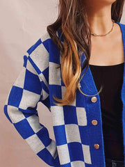 Checkered Open Front Button Up Cardigan - Trendsi