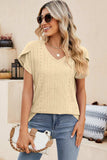 Eyelet V-Neck Petal Sleeve T-Shirt - Trendsi - Flyclothing LLC