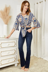 Double Take Tie Hem V-Neck Three-Quarter Sleeve Blouse - Trendsi - Flyclothing LLC