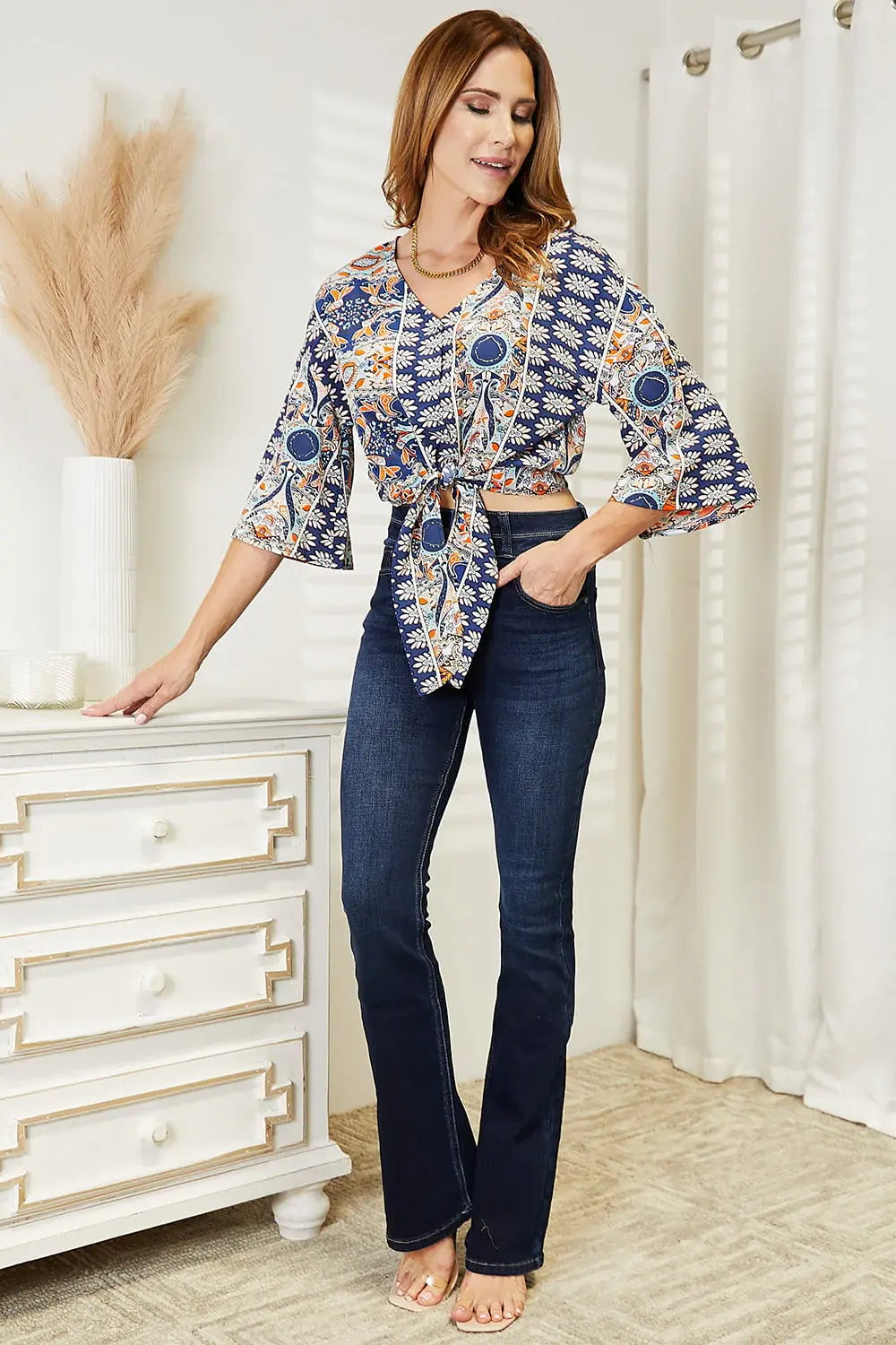 Double Take Tie Hem V-Neck Three-Quarter Sleeve Blouse - Trendsi - Flyclothing LLC