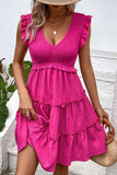 Smocked Frill Trim Deep V Dress - Trendsi