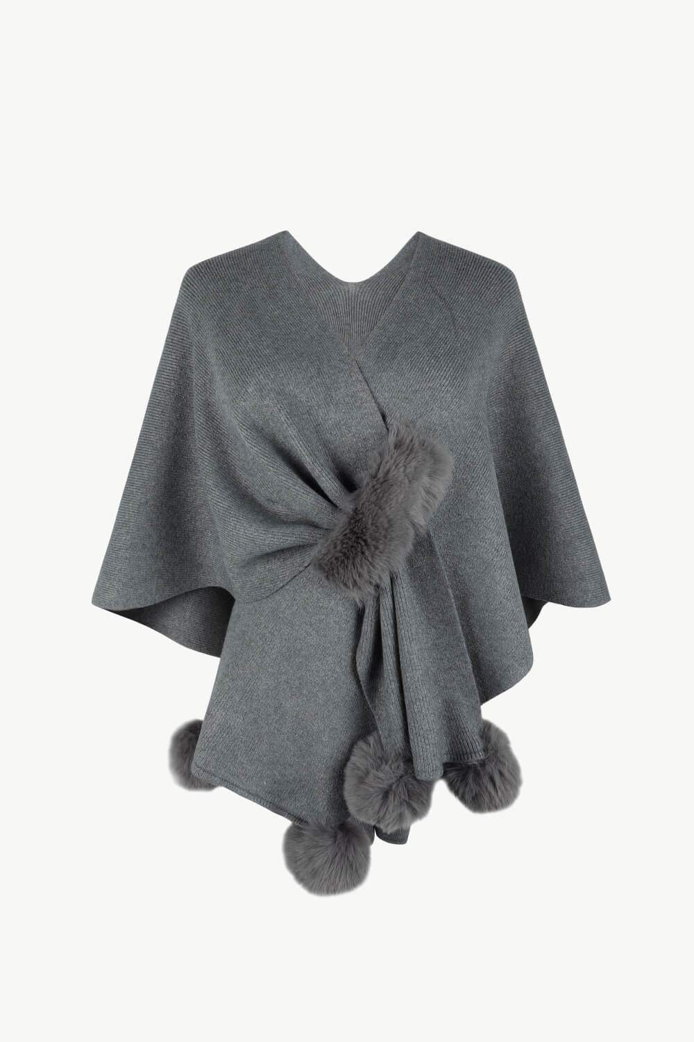Surplice Neck Pom-Pom Trim Poncho - Trendsi - Flyclothing LLC