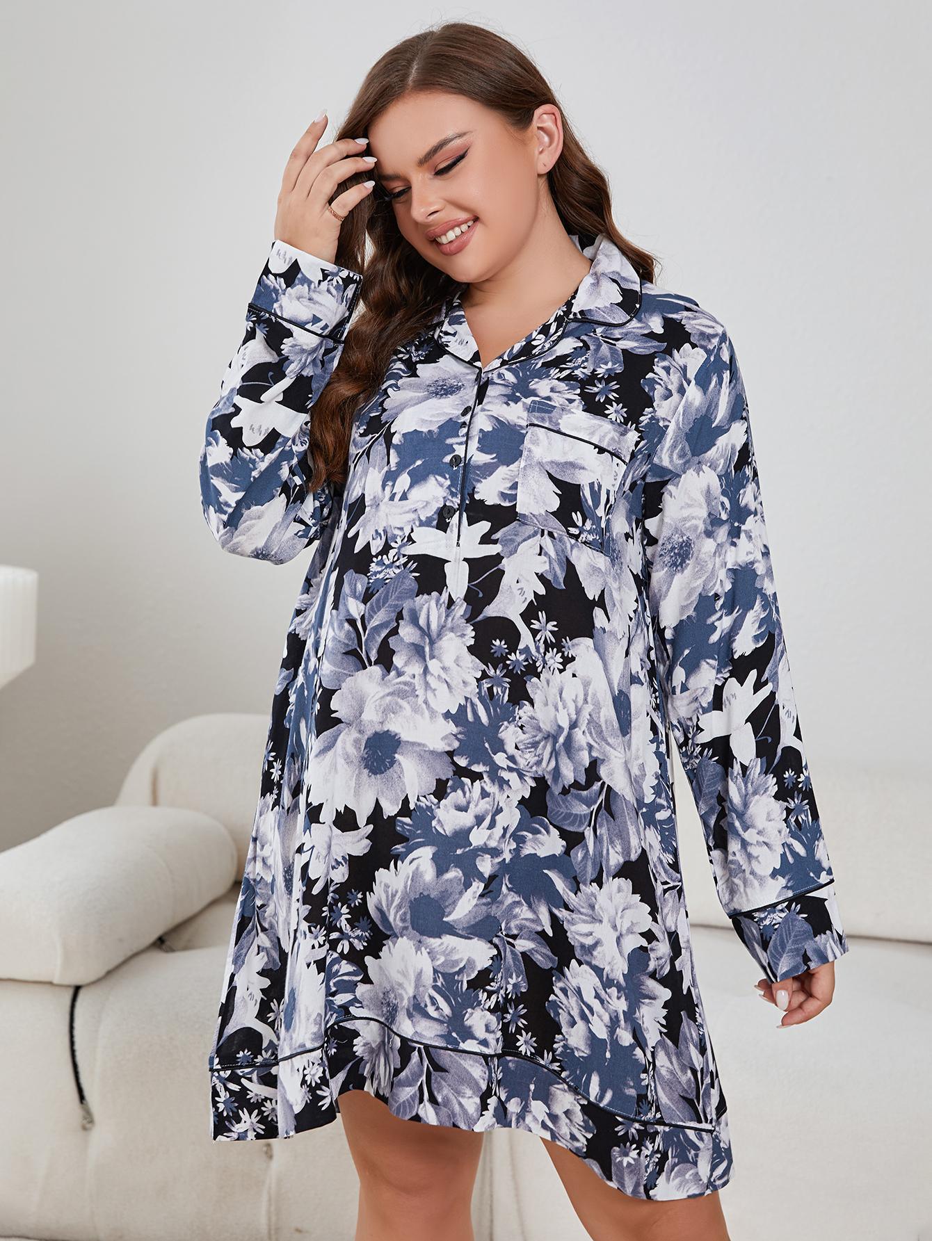 Plus Size Floral Lapel Collar Long Sleeve Night Dress - Flyclothing LLC